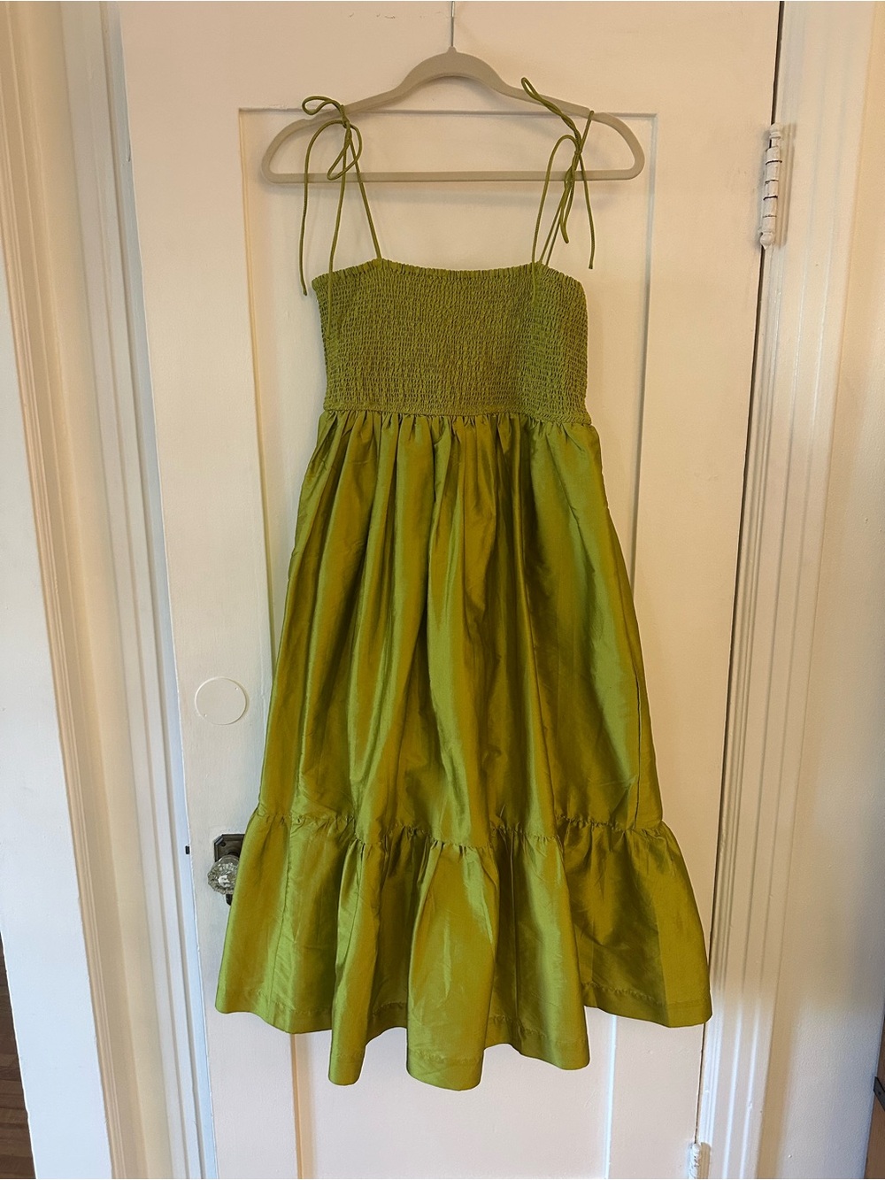 Women’s Lime Green Smocked Bodice Midi Dress with Tie Straps